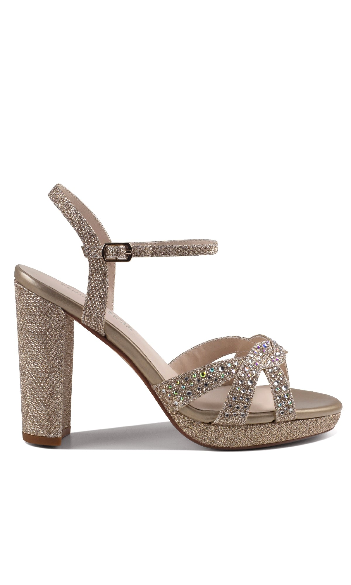 The Ava Champagne Glitter Prom Shoes (Touch Ups 4634) feature a chunky high heel, jeweled straps with rhinestone accents, and an ankle buckle strap—perfect for adding sparkle to your night out.
